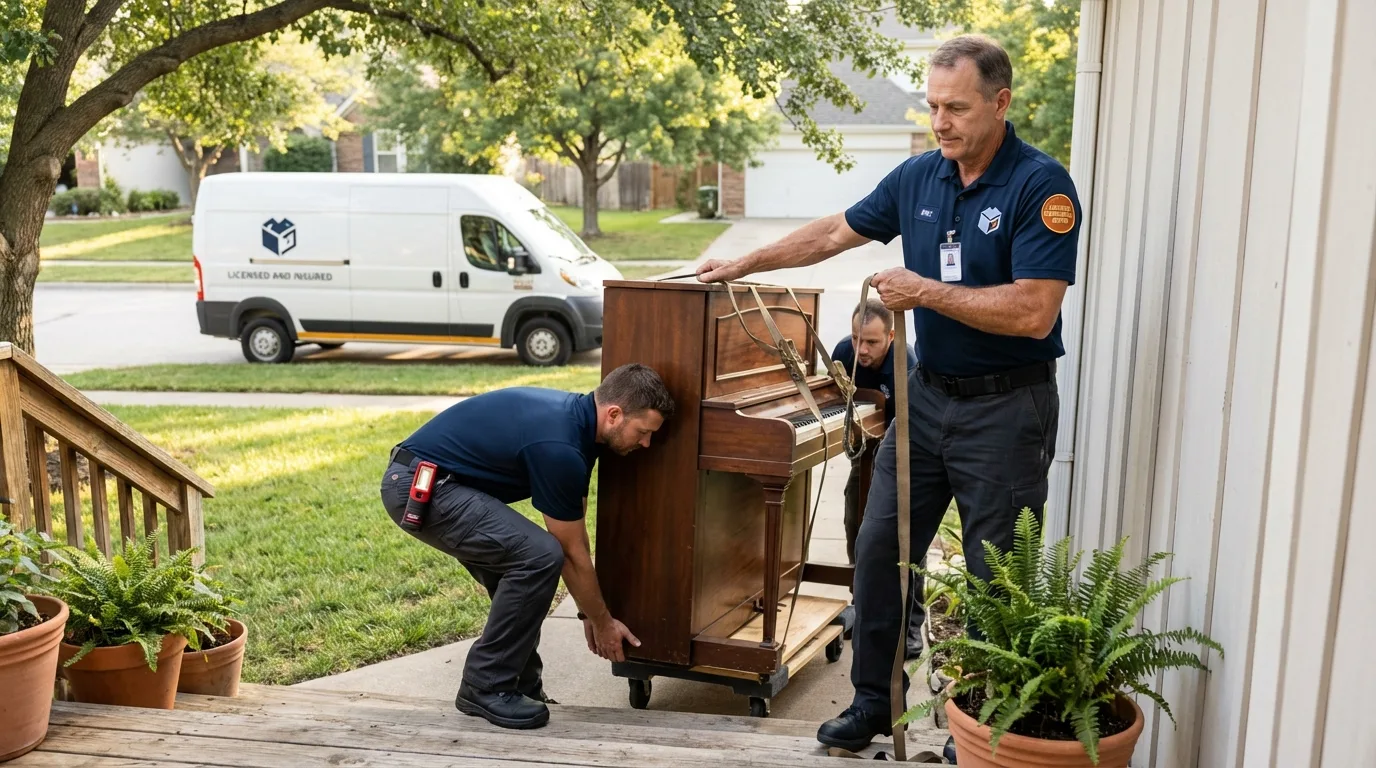 Licensed piano movers securing grand piano in Natalia, TX