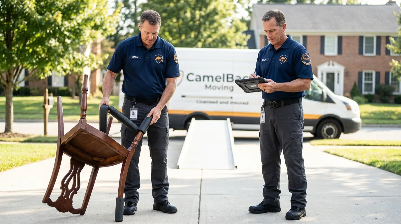 Movers inspecting furniture for damage prevention before loading in Natalia, TX