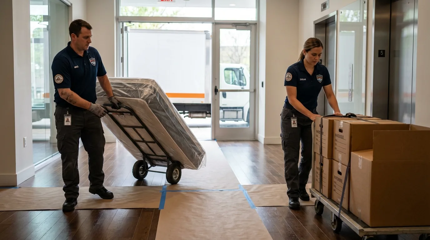 Professional apartment movers loading elevator in Natalia, TX