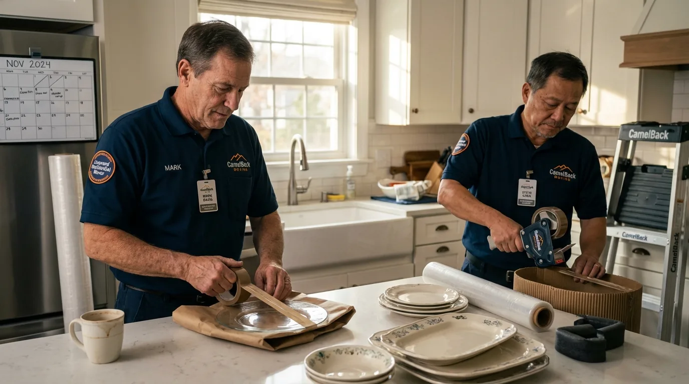 Professional crew packing kitchen dishware in Natalia, TX